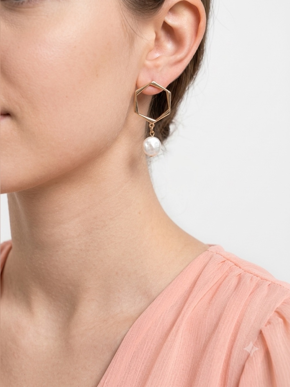 Gold Hexagon Pearl Earrings | Geometric Drop White Dangles